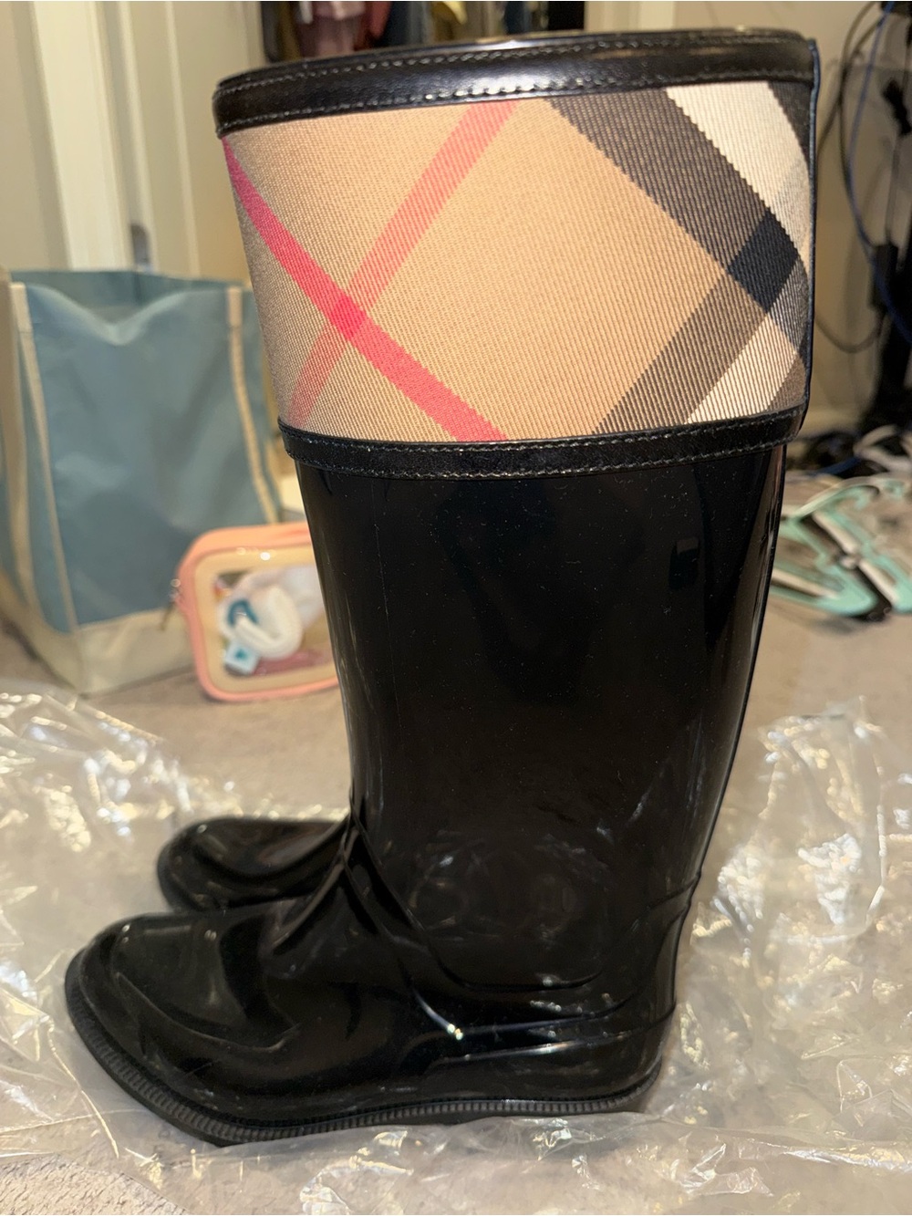 Burberry Black Rain Boots with Beige Plaid Cuff